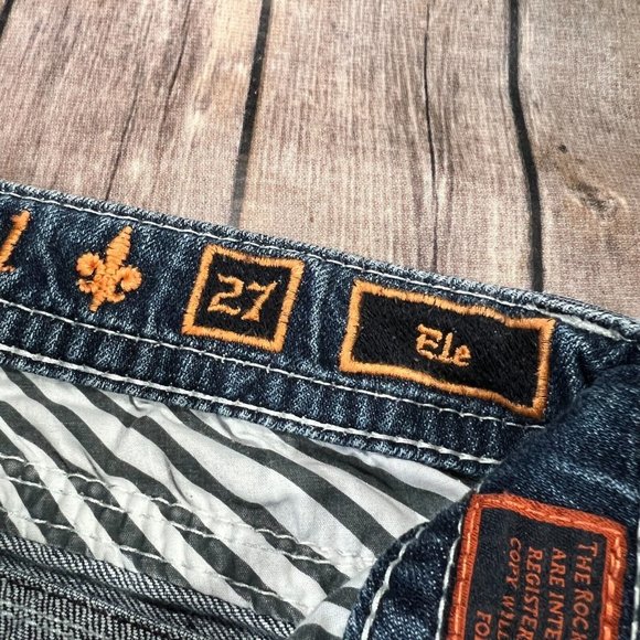 Rock Revival Ele Bootcut Stretch Jeans 27x34 Mens Blue Denim Thick Stitch Flap - Picture 5 of 13